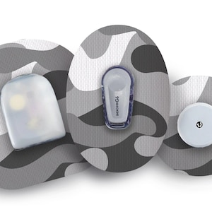 Può includere: Immagine di dispositivi medici, tra cui un sensore, un trasmettitore con la scritta "dexcom G6" e un dispositivo rotondo. I dispositivi sono posizionati su uno sfondo con un motivo mimetico grigio e bianco.