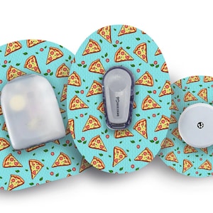 May include: Three round, blue and white patterned medical device stickers with a pizza slice design. The stickers are for a continuous glucose monitor.