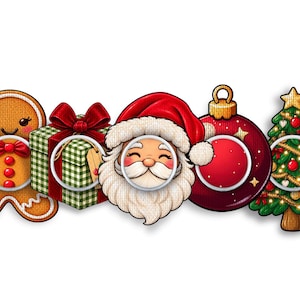 Pode incluir: Um conjunto de cinco berloques circulares de silicone para pulseiras de relógio com um boneco de gengibre, um presente xadrez verde e branco com laço vermelho, o Papai Noel, uma bola de Natal vermelha e uma árvore de Natal decorada.