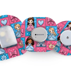 May include: Three adhesive patches for medical devices featuring a repeating pattern of cartoon princesses, pink bows, blue hearts, and gold crowns on a pink and blue checkered background. One patch has a white Dexcom transmitter attached.