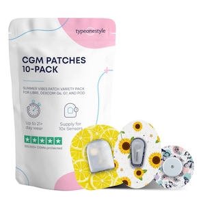 May include: A 10-pack of CGM patches featuring a variety of summer-themed designs, including lemons, sunflowers, and butterflies. The patches are designed to fit Libre, Dexcom G6, G7, and Pod sensors. The packaging states that the patches offer up to 21 days of wear and have protected over 200,000 CGMs.