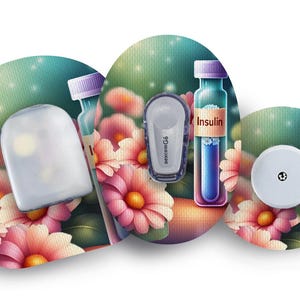 May include: An illustration featuring medical devices and insulin vials set against a floral backdrop. The image includes a continuous glucose monitor, a sensor, and vials labelled "Insulin". The colour palette includes shades of pink, blue, and green.