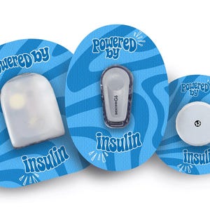 May include: Three medical devices are shown on blue, wave-patterned backgrounds. The text "Powered by insulin" is visible. The devices include a white sensor, a clear device labeled "Dexcom G6", and a white circular sensor.