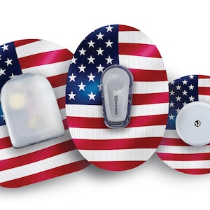 May include: Three medical devices are shown against a backdrop of the American flag. The devices include a clear, rectangular sensor, a grey and clear transmitter labelled "dexcom G6", and a small, white round device.