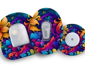 May include: Three colorful, round, adhesive patches with a floral design. The patches are designed to cover medical devices. The patches feature a variety of colors, including blue, purple, yellow, and orange.