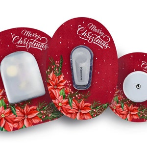 Może przedstawiać: Trzy czerwono-białe świąteczne plastry z napisem "Merry Christmas" w białym, ozdobnym piśmie. Plastry mają wzór gwiazdy betlejemskiej i białe tło z czerwonymi kropkami.