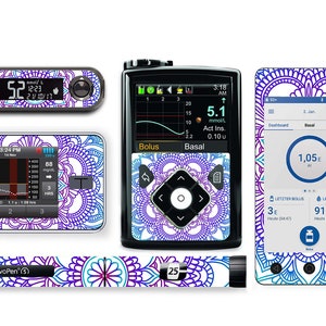 May include: A set of four colorful patterned stickers for a diabetes monitor, insulin pump, and pen. The stickers feature a white background with a blue, purple, and teal mandala design.