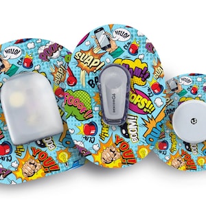 Może przedstawiać: Trzy okrągłe urządzenia medyczne z kolorowymi wzorami w stylu komiksowym. Urządzenia zawierają frazy takie jak "SLAP!" i "POOF!" i mają niebieskie tło z białymi kropkami. Urządzenia służą do ciągłego monitorowania poziomu glukozy.