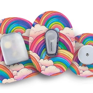 May include: Three colorful rainbow patterned medical device patches. The patches are designed with a rainbow pattern and clouds. One patch has a clear medical device attached to it, another has a round white medical device attached to it, and the third patch has a clear medical device with the text "Medtronic" on it.