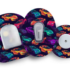 May include: Three round adhesive patches with a colourful repeating pattern of cartoon sports cars on a dark blue background. The patches are designed for a medical device and feature a white sensor and a clear reservoir.