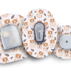 May include: Three round adhesive patches with a white background and a repeating pattern of brown hamsters holding sunflower seeds. The center patch has a clear plastic cover, the left patch has a small white and blue medical device with the text "dexcom G6" and the right patch has a small white round button.