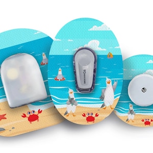 May include: Three round, colorful adhesive patches with a beach theme. The patches feature cartoon seagulls, crabs, and sailboats. The text "Dexcom G6" is visible on one of the patches.