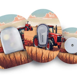 Peut inclure: Trois tracteurs rouges avec un fond de champ sur un ensemble de trois patchs médicaux ronds.