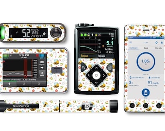 May include: A set of four colorful stickers featuring a cute bee and flower design. The stickers are designed to fit a blood glucose meter, insulin pump, insulin pen, and a smartphone. The stickers are white with yellow bees, pink flowers, and green leaves.