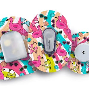 May include: A set of medical device accessories with a summer theme. The accessories feature a pattern of pink flamingos, seashells, sunglasses, and bikini tops on a striped background. Includes a sensor and transmitter.