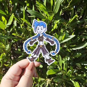 May include: A blue-haired cartoon character with a black and white outfit and blue pigtails. The character is wearing a black top with a white belt and black pants. The character is holding a weapon in each hand.