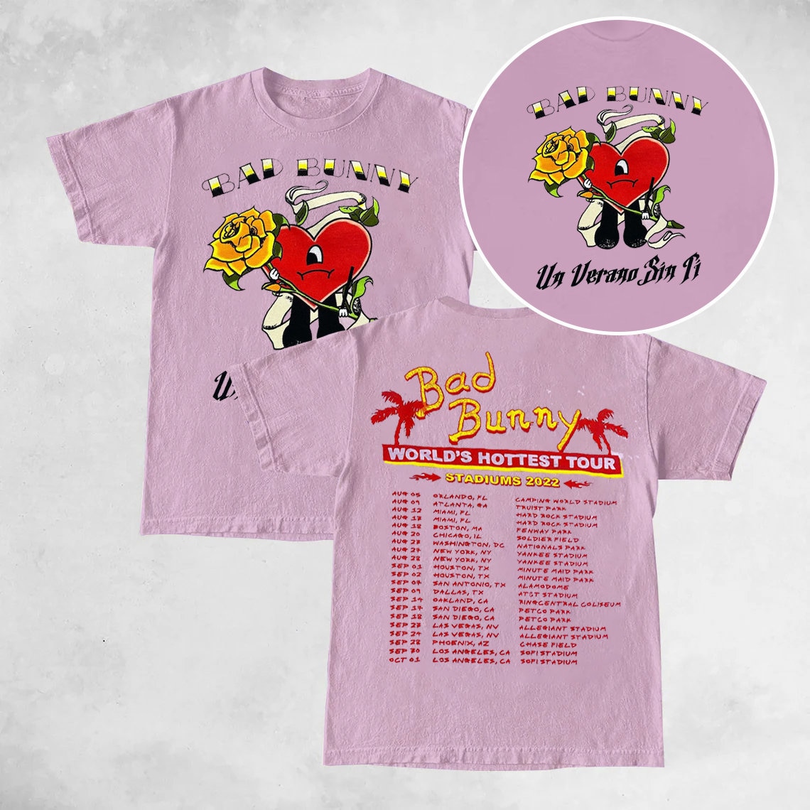 Folopio Official Bad Bunny Un Verano Sin Ti merch Pink Tee, Un Verano Sin Ti New Merch, Bad Bunny World's hottest Tour 2022 Shirt