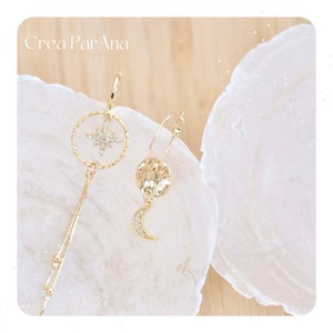 Mismatched handmade earrings celestial charms with zircons image 1