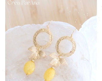 Pendientes hechos a mano - Charm floral, redondo golpeado y piedra natural