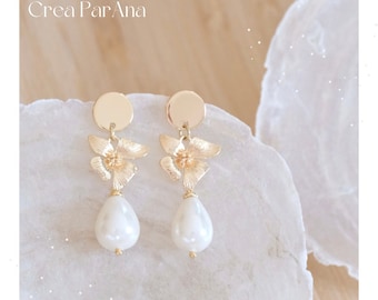 Boucles d’oreilles handmade - puce ronde, fleur et perle blanche