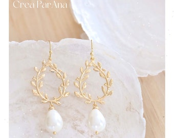 Boucles d’oreilles handmade - Couronne de feuille  & perle goutte