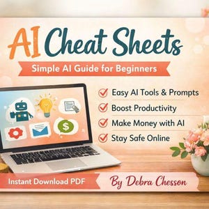 Könnte beinhalten: Werbebild für "AI Cheat Sheets", ein Leitfaden für Anfänger. Das Cover zeigt einen Laptop mit KI-bezogenen Symbolen und Text, der die wichtigsten Vorteile hervorhebt. Eine Kaffeetasse, ein Notizbuch und Blumen sind ebenfalls vorhanden.