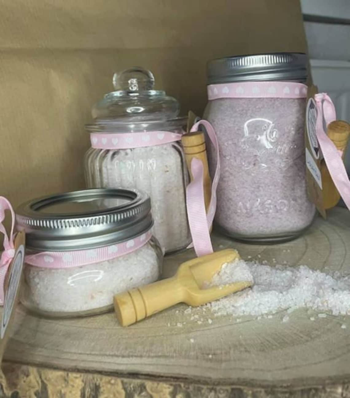 Bath Salts in a resueable glass jar with a small bamboo scoop Etsy