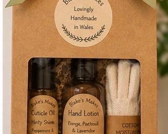 Crea tu propia bolsa de regalo para el cuidado de las manos / Aceite para cutículas, loción para manos, lima de uñas, guantes de algodón / Hecho a mano en Gales