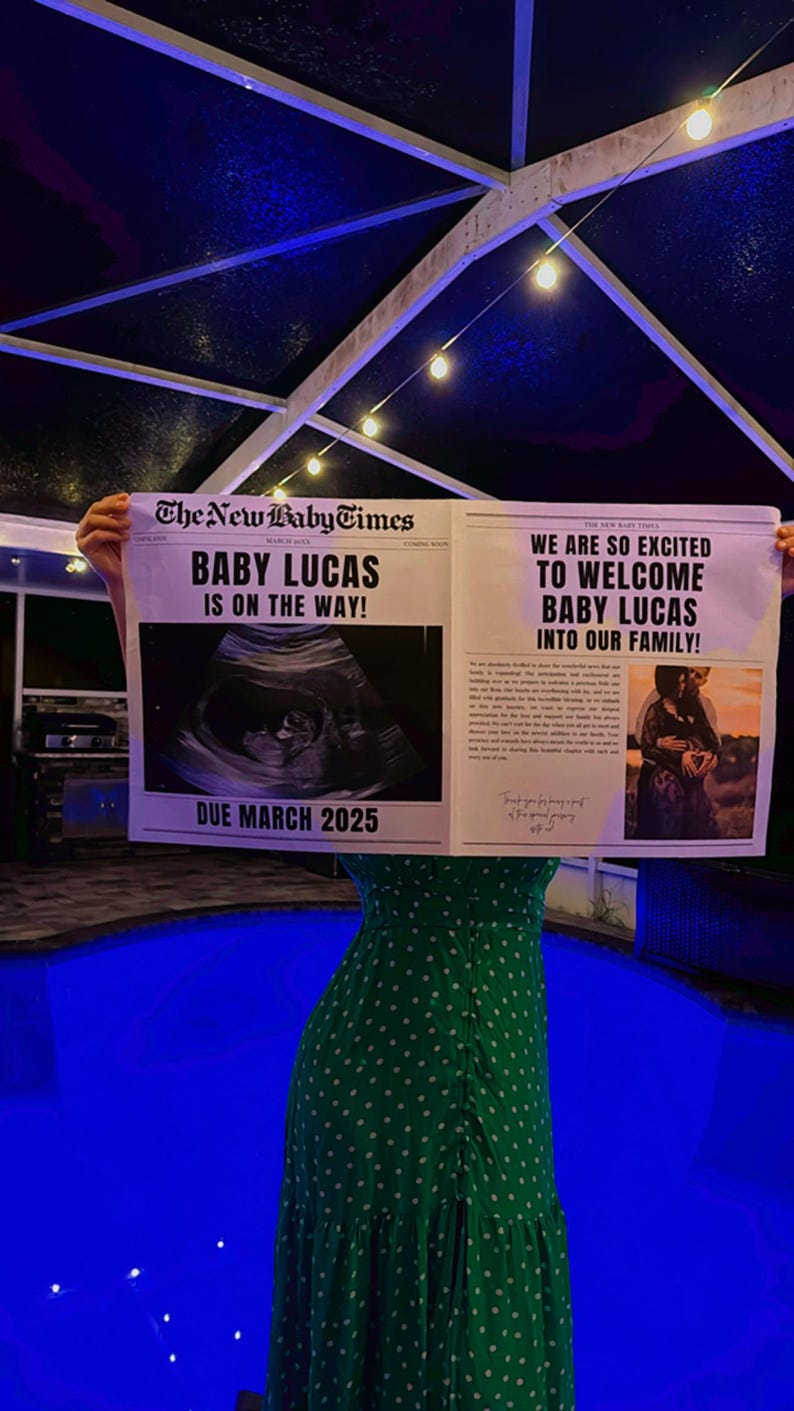 May include: A mock newspaper announcement with the headline "The New Baby Times" and the text "Baby Lucas is on the way!" with an ultrasound image and the due date "Due March 2025". The right side of the newspaper has the text "We are so excited to welcome Baby Lucas into our family!" with a photo of a couple holding a heart.