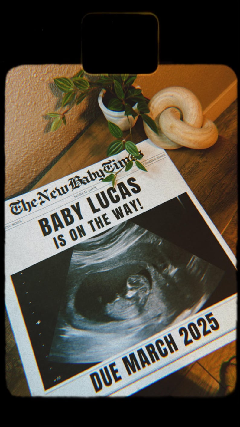 May include: A mock newspaper announcement with the headline "The New Baby Times" and the text "Baby Lucas is on the way!" with a sonogram image and the date "Due March 2025".