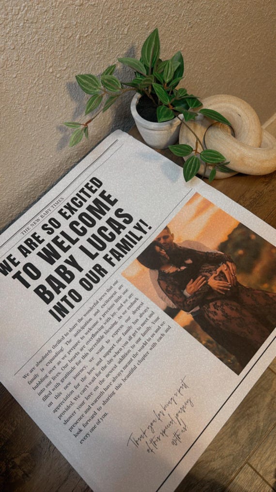 newspaper pregnancy announcement -Physical printed item delivered to your home- custom expecting time, coming soon and pictures