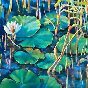 Water lilies. Original Pastel Painting. Water Lilies at the Pond, Landscape painting, Seascape painting, Natural scenery painting
