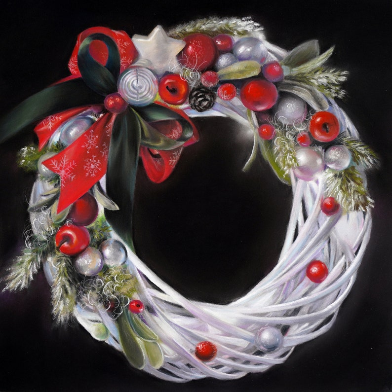 Christmas wreath Original Pastel Painting Art Christmas gift ideas- Marry Christmas Season Greetings 30x30 inch by AmazingPastel XMAS