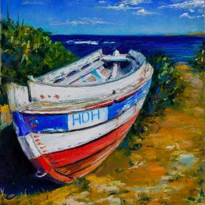 Disegno a pastello originale. Barca in riva al mare. Mare Baltico. Pittura del realismo, pittura del realismo, belle arti, pittura del paesaggio marino
