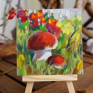 Kleine Original Kunst Pilz im Wald Malerei Original MINI Pastell Landschaft Tiny Art von AmazingPastel, 4*4 inches / 10*10 cm