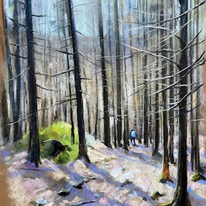 Germany Woods Landscape Painting. Hiking. Road through the spring forest in Harz Mountains, Original Art, Pastel painting