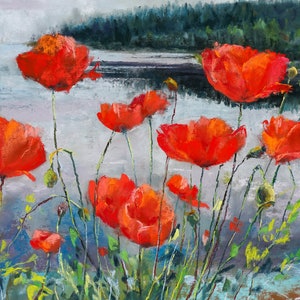 Rote Mohnblumen Pastell Malerei, Original Kunst, Blumen Kunstwerk, Wand Kunst Geschenk