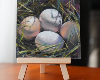 Сhicken egg painting. Nest egg. Small original Painting Bird's Nest in the Forest. pastel painting  4x4, Mini art by AmazingPastel