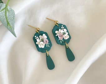 Floral Disk Earrings, Floral Bridesmaid Earrings, Dark Green Earrings, Floral clay earrings, Rose Clay Earrings, 2nd Anniversary Gift