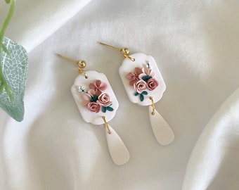 Floral Disk Earrings, Floral Bridesmaid Earrings, Ivory Bridal Earrings, Elegant Bridal Earrings, Rose Clay Earrings, 2nd Anniversary Gift