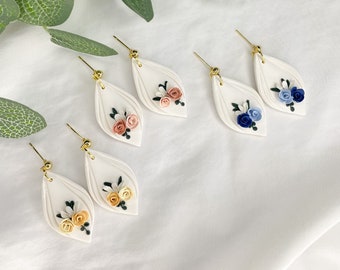 Floral Disk Earrings, Floral Bridesmaid Earrings, Ivory Bridal Earrings, Elegant Bridal Earrings, Rose Clay Earrings, 2nd Anniversary Gift