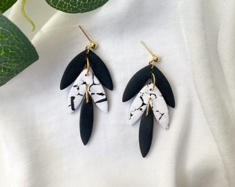 Black Leaf Clay Earrings, Gold Plated Black Earrings, Large Clay Earrings, Marble Pattern Earrings, 21st Birthday Gift Her, Letterbox Gift