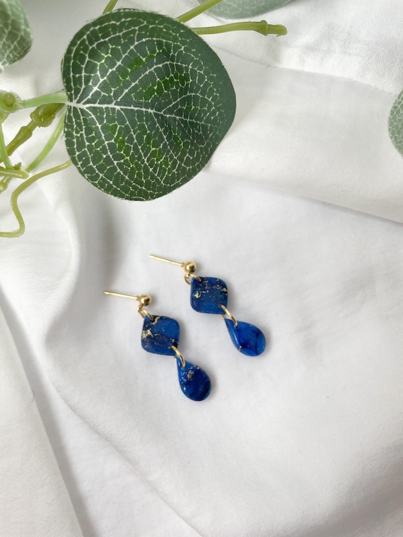 Marble Blue Earrings Gold, Faux Stone Earrings, Small Teardrop