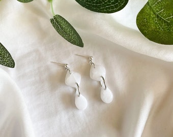 Marble White Earrings Silver, Faux Stone Earrings, Small Teardrop Earrings, Minimalist Earrings White, Small Drop Earrings Silver