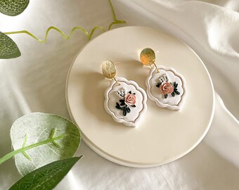 Floral Disk Earrings, Floral Bridesmaid Earrings, Ivory Bridal Earrings, Elegant Bridal Earrings, Rose Clay Earrings, 2nd Anniversary Gift