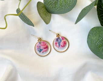 Floral Bridesmaid Earrings, Rose Clay Earrings, Large Disk Earrings, Hoop Disk Earring, 2nd Anniversary Gift for Her, Elegant Flower Earring