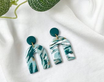 Green and Gold Earrings, Large Green Earrings Dangle, U Shaped Earrings, Patterned Earring Green, Drop Clay Earrings Green, Gift For Women