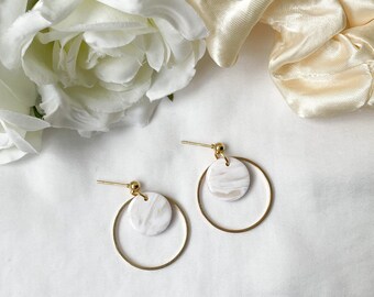 Large White Earrings, Marbled Earrings, Clay Hoop Earrings, Clay Earrings Quartz, 21st Birthday Gift For Her, 2nd Anniversary Gift