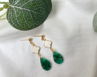 Clover Earrings Gold, Lucky Clover Earrings, Lucky Charm Earrings, Dark Green Earrings, Good Luck Earrings, Marbled Earrings, Letterbox Gift