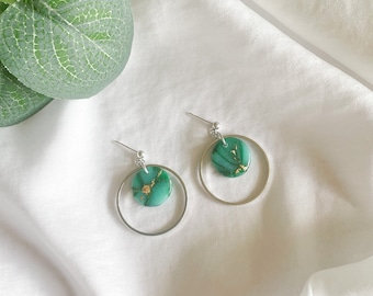 Dark Green Earrings, Marbled Earrings, Trendy Earring Gold, Sister In Law Christmas Gift, Letterbox Gift, Clay Earring Quartz, Gift For Her